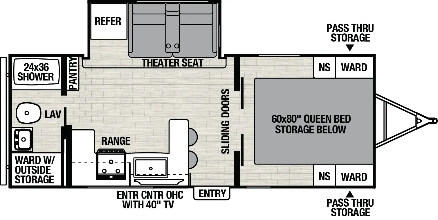 The Northern Spirit 2353RB floorplan has one entry and one slide out. Exterior features include: metal exterior. Interiors features include: front bedroom and rear bathroom.